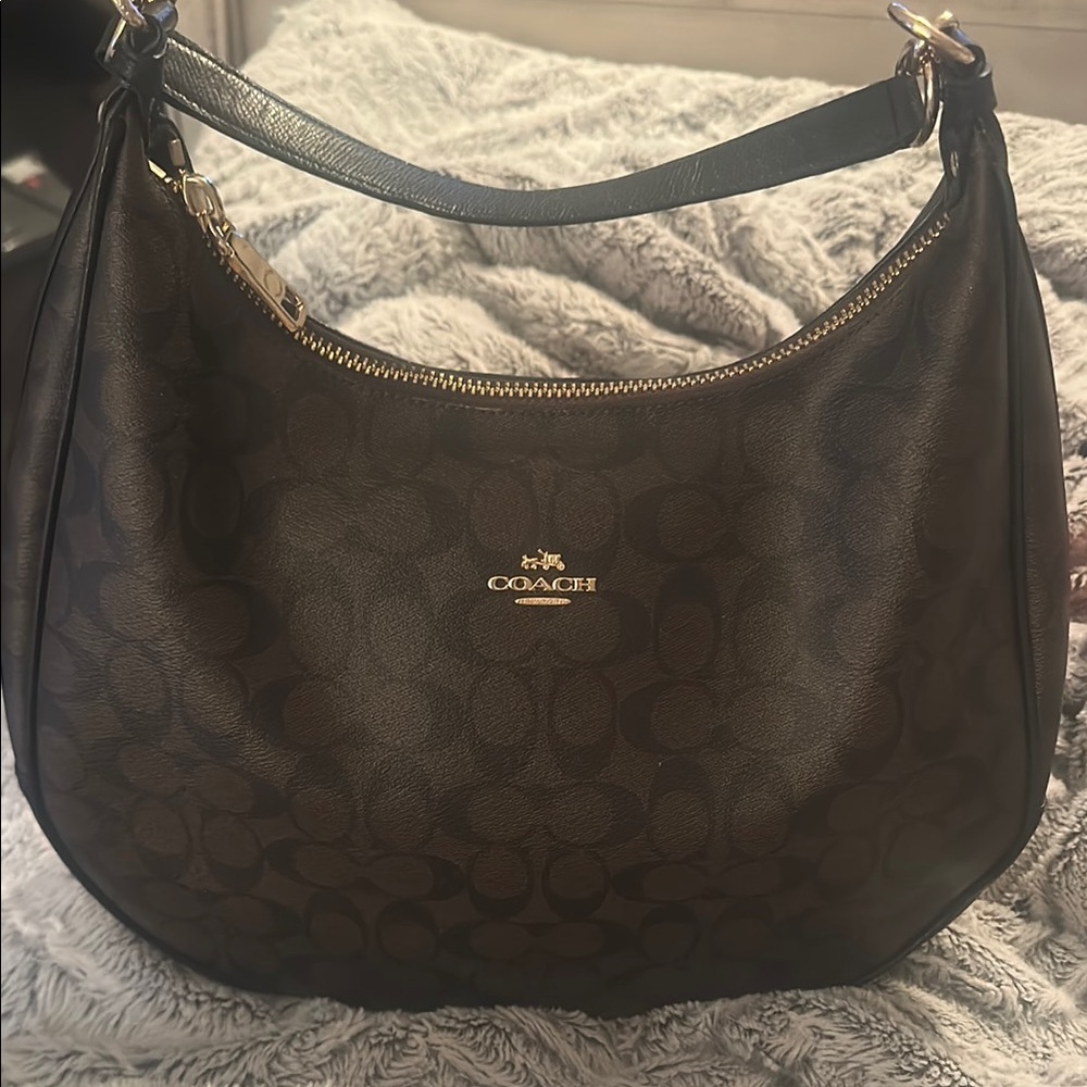 Coach Brown Leather Hobo Bag with Gold Emblem